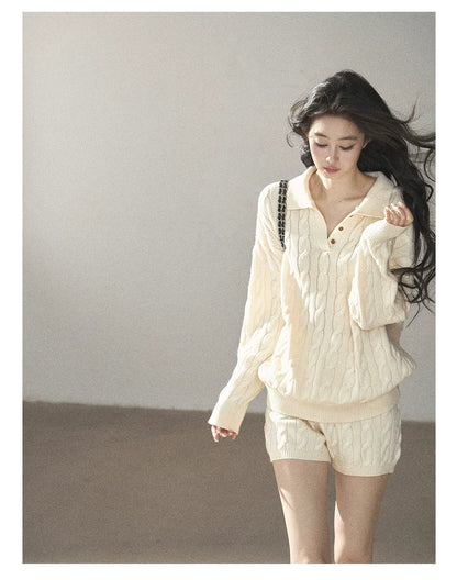 AOMALM - Dutch Cream Cable Knit Sweater & Shorts Set with Shawl