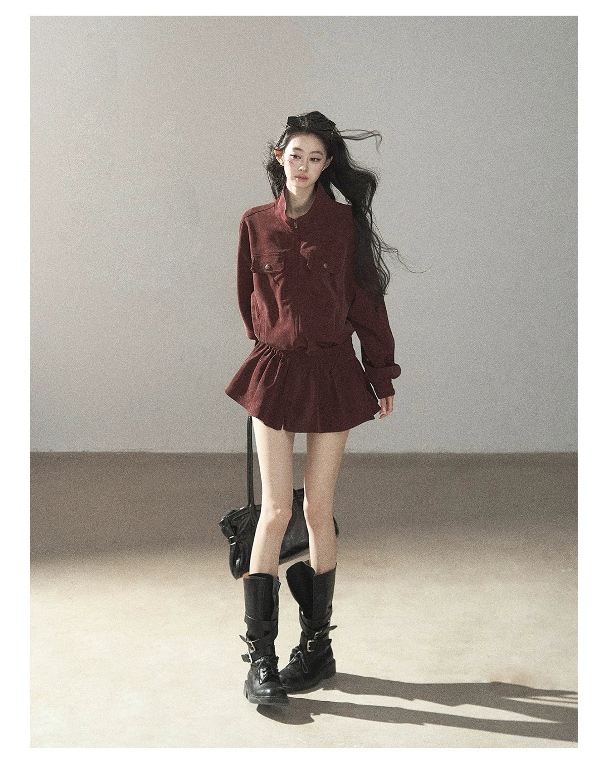 AOMALM - Burgundy PU Suede Jacket & A-Line Shorts Set
