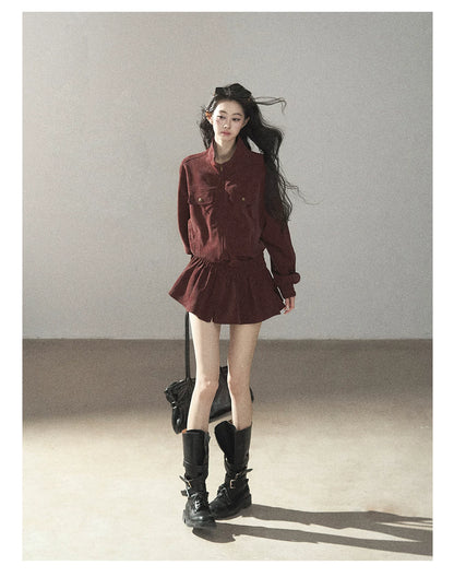 AOMALM - Burgundy PU Suede Jacket & A-Line Shorts Set