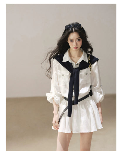AOMALM - "Moonlight Sinks into the Sea" High-Intellect Utility Shirt Dress (Plain White / Navy Blue, with Belt & Optional Shawl)
