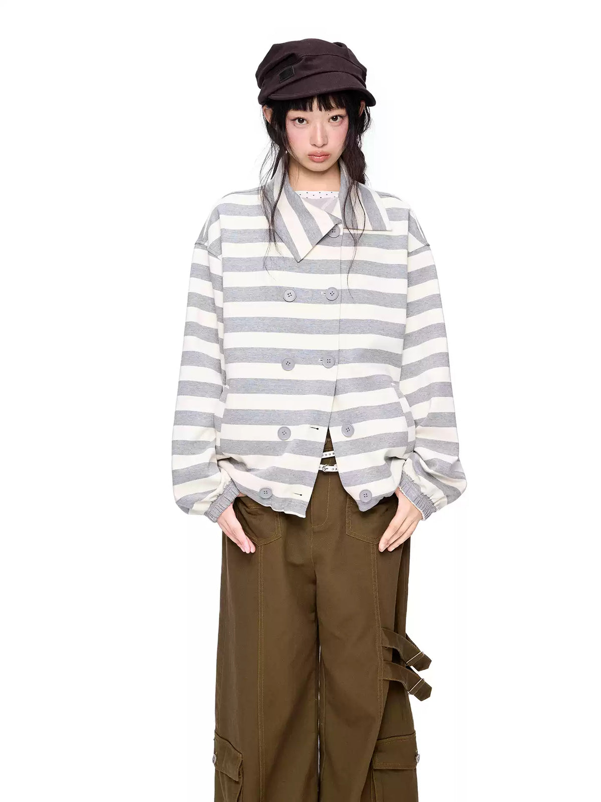 EZEK | Striped Asymmetrical Collar Cardigan Sweatshirt with Double-Breasted Buttons