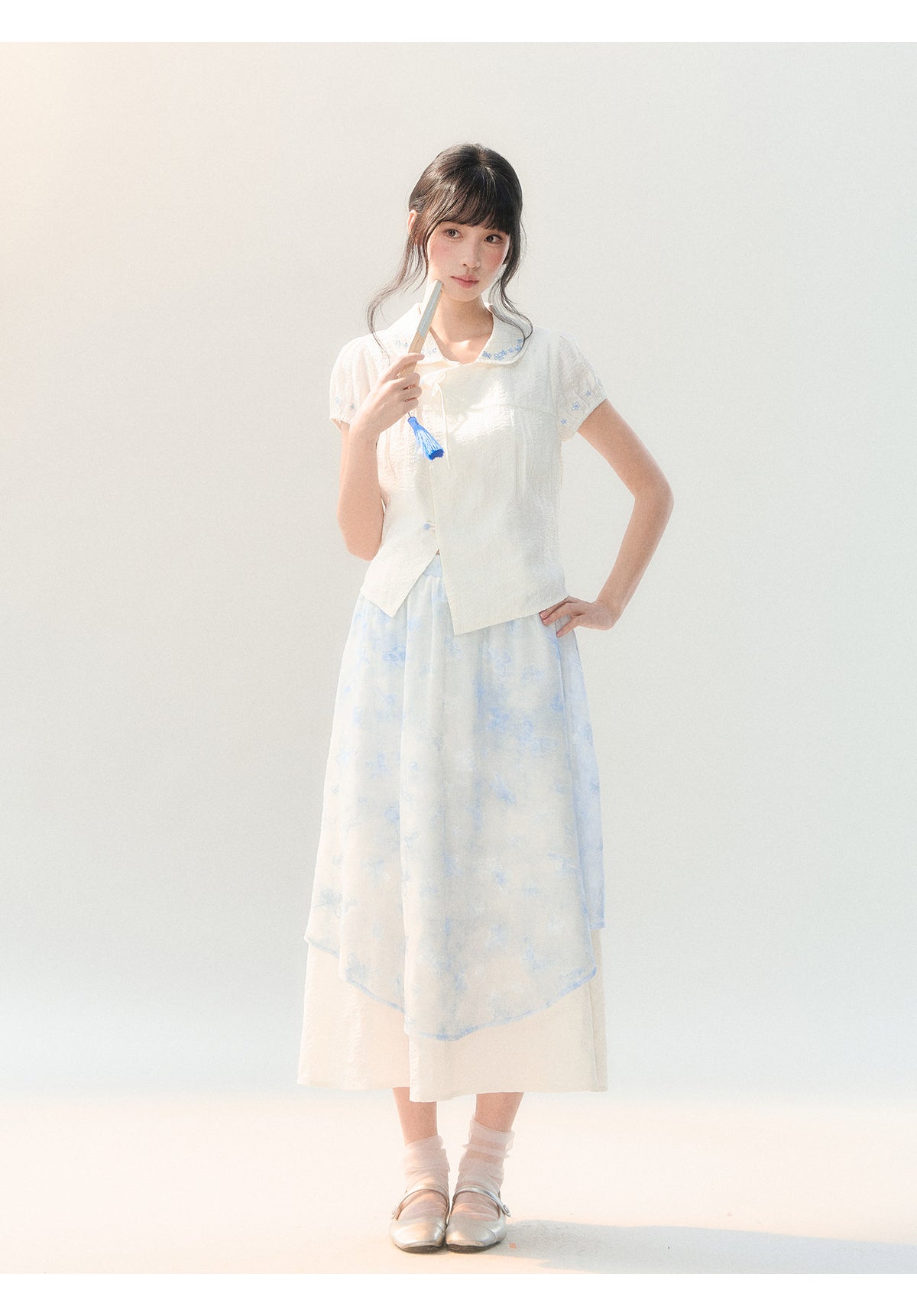 [CAN] "Butterfly Whispers" Embroidered Puff Sleeve Skirt Set