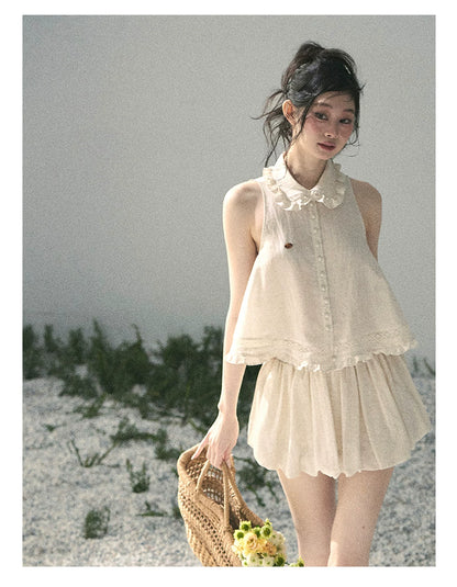"Soft Cloud Reverie" Dutch Cream Lace Top & Bubble Skirt & Wide-Leg Pants Set 5468465
