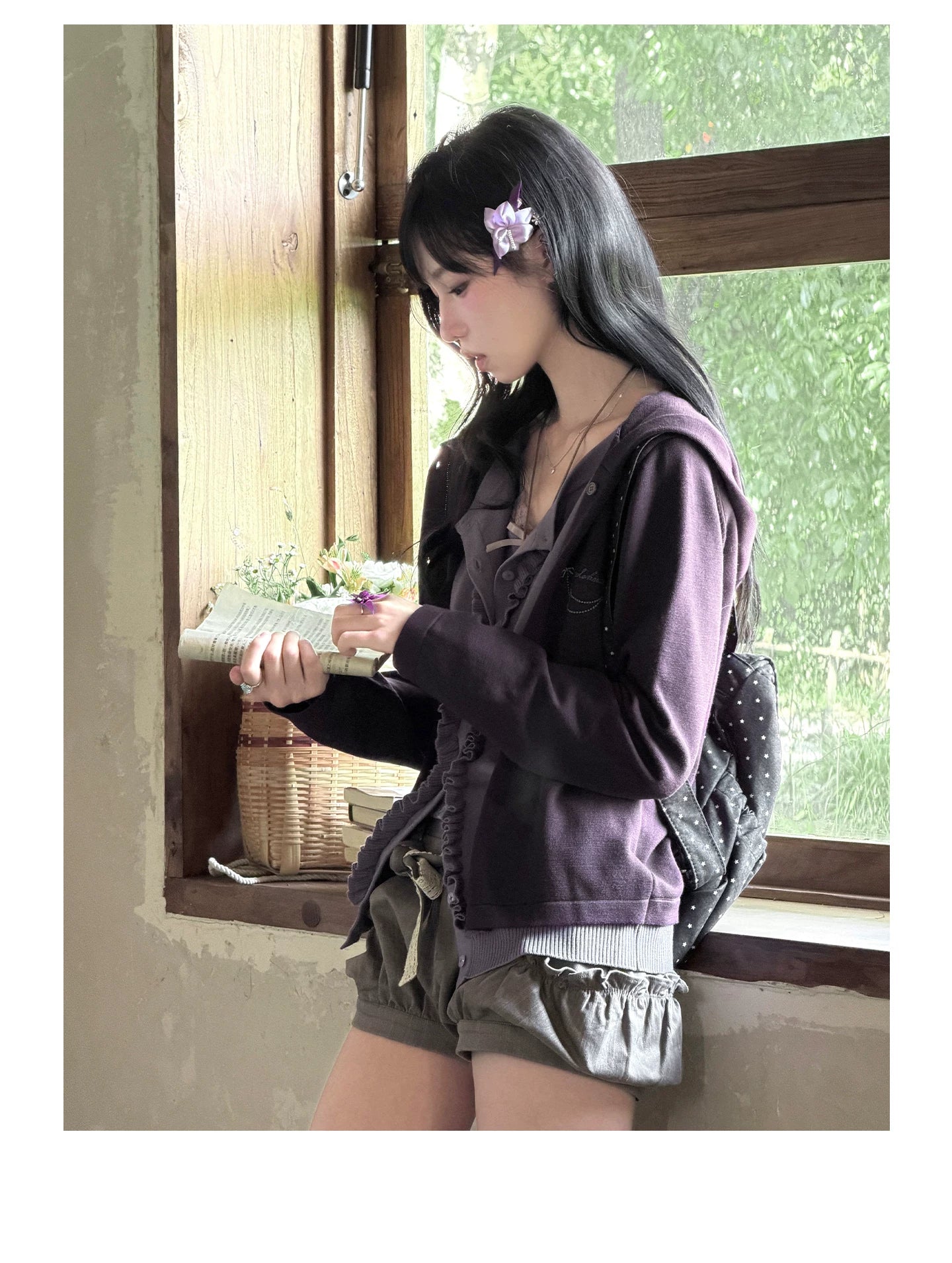 "Sage Whisper" Layered Knit Collection (Hooded Knit Cardigan / Lace Cami / Bubble Shorts)