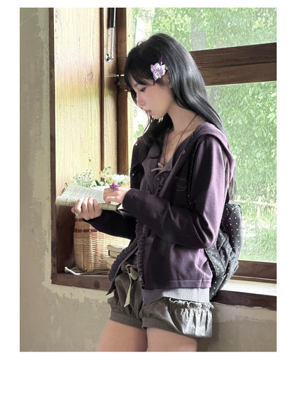 "Sage Whisper" Layered Knit Collection (Hooded Knit Cardigan / Lace Cami / Bubble Shorts)