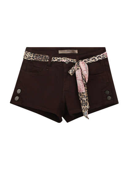 "Desert Departure" Dark Brown Denim Shorts (Includes Leopard Scarf Belt)