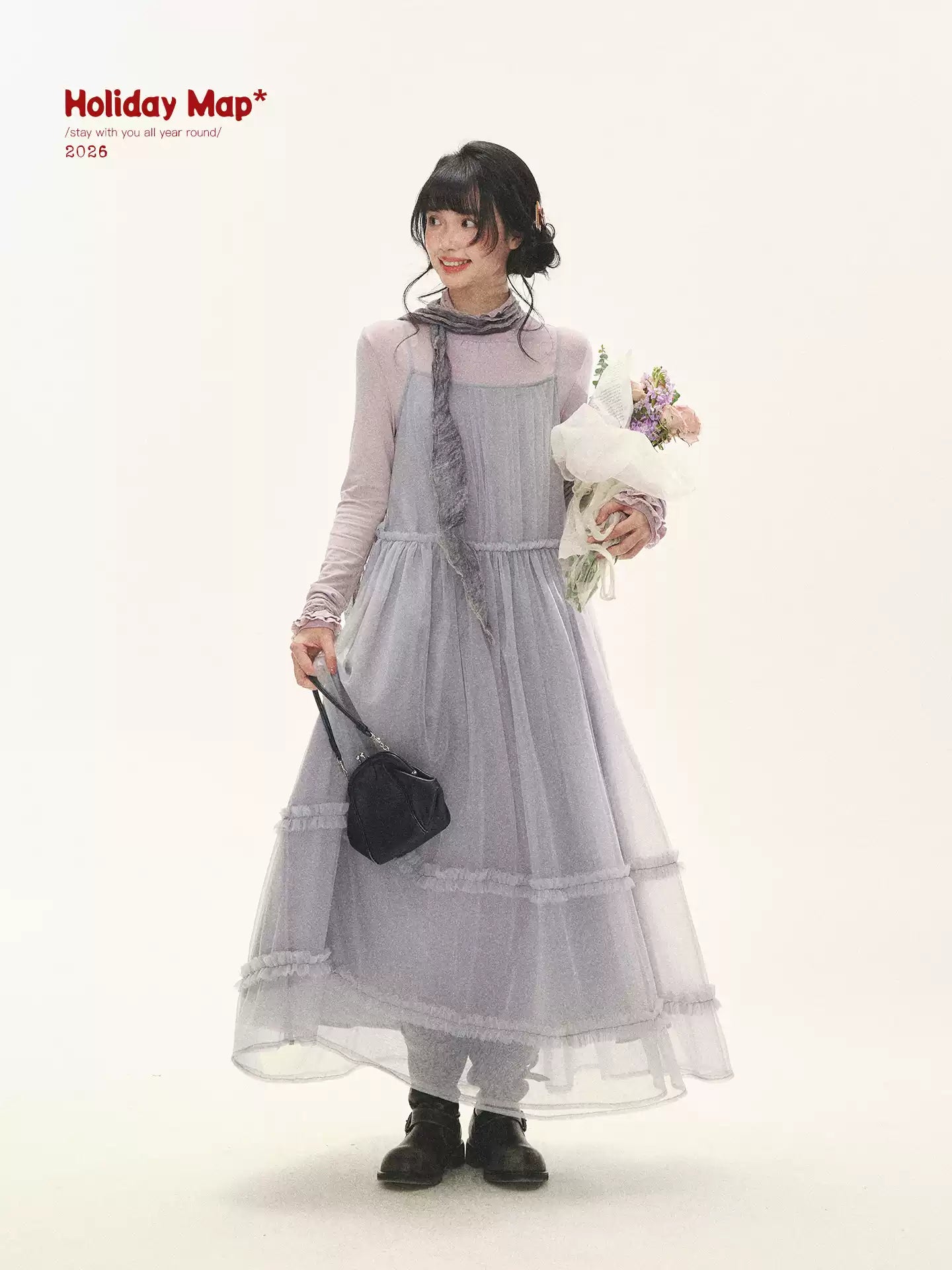 "Morning Veil" Morning Mist Purple Tiered Mesh Slip Midi Dress
