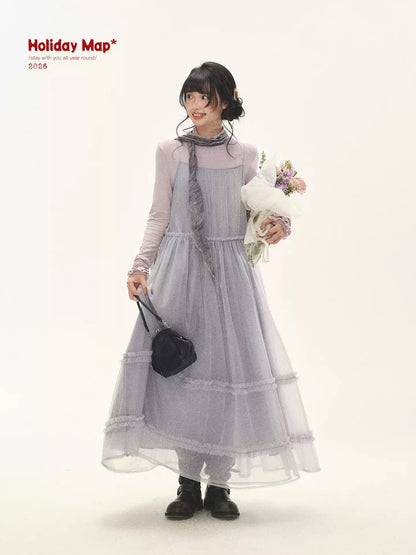 "Morning Veil" Morning Mist Purple Tiered Mesh Slip Midi Dress
