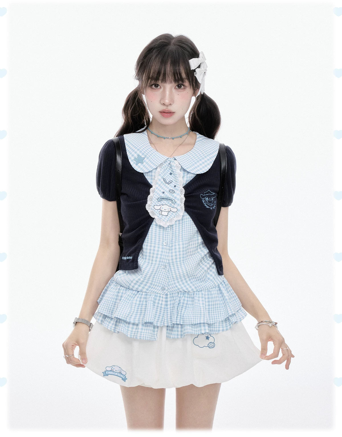 Two Ways to Wear! Cinnamoroll Cropped Cardigan / Round-Neck Blouse / Bubble Skort
