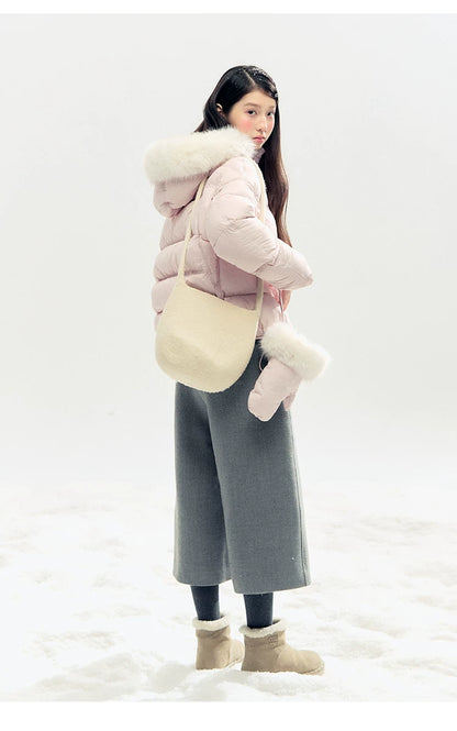 "Snowland Sprite" Peach Blush Lilac Hooded Down Jacket with Detachable Faux Fur Trim & Gloves