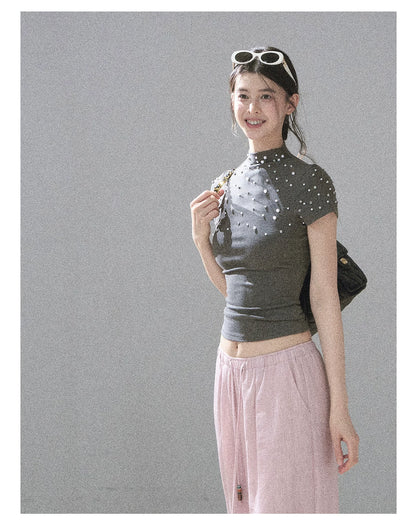 "Scattered Across the Milky Way" Pearl Beaded Knit T-Shirt (Haze Blue/ Sage Gray)