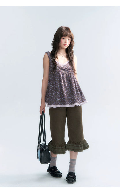"Forest Cocoa" Dark Coffee Green Flare Capri Pants