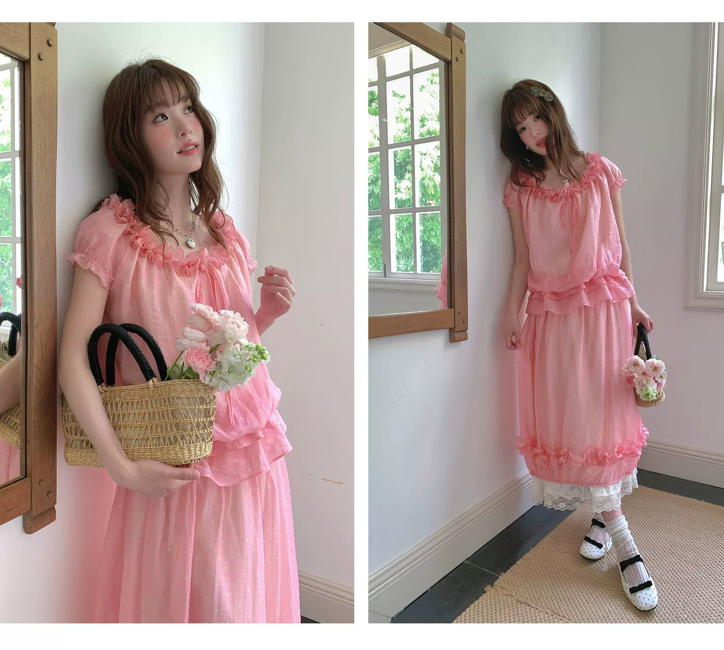 [RF] “Peach Picnic Reverie” Pink Plaid Two-Piece Skirt Set