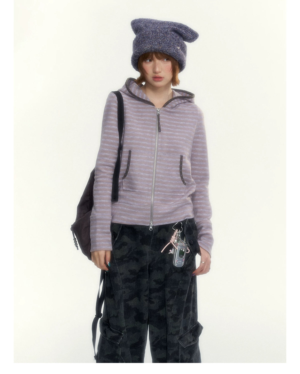 Dusty Purple Stripe Hooded Knit Cardigan
