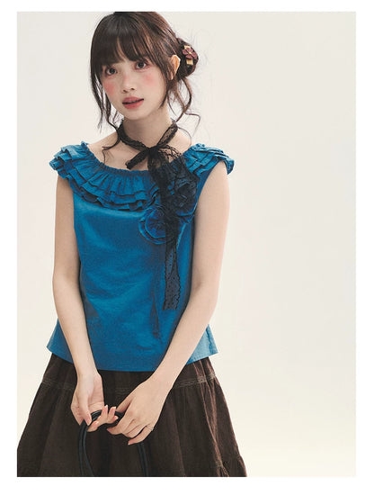 "Bluebell" Peacock Blue Lace Embroidered Fitted Sleeveless Top