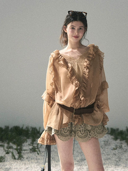 “Whispers of the Wind” Ash Caramel Lace Chiffon Blouse (With Belt)