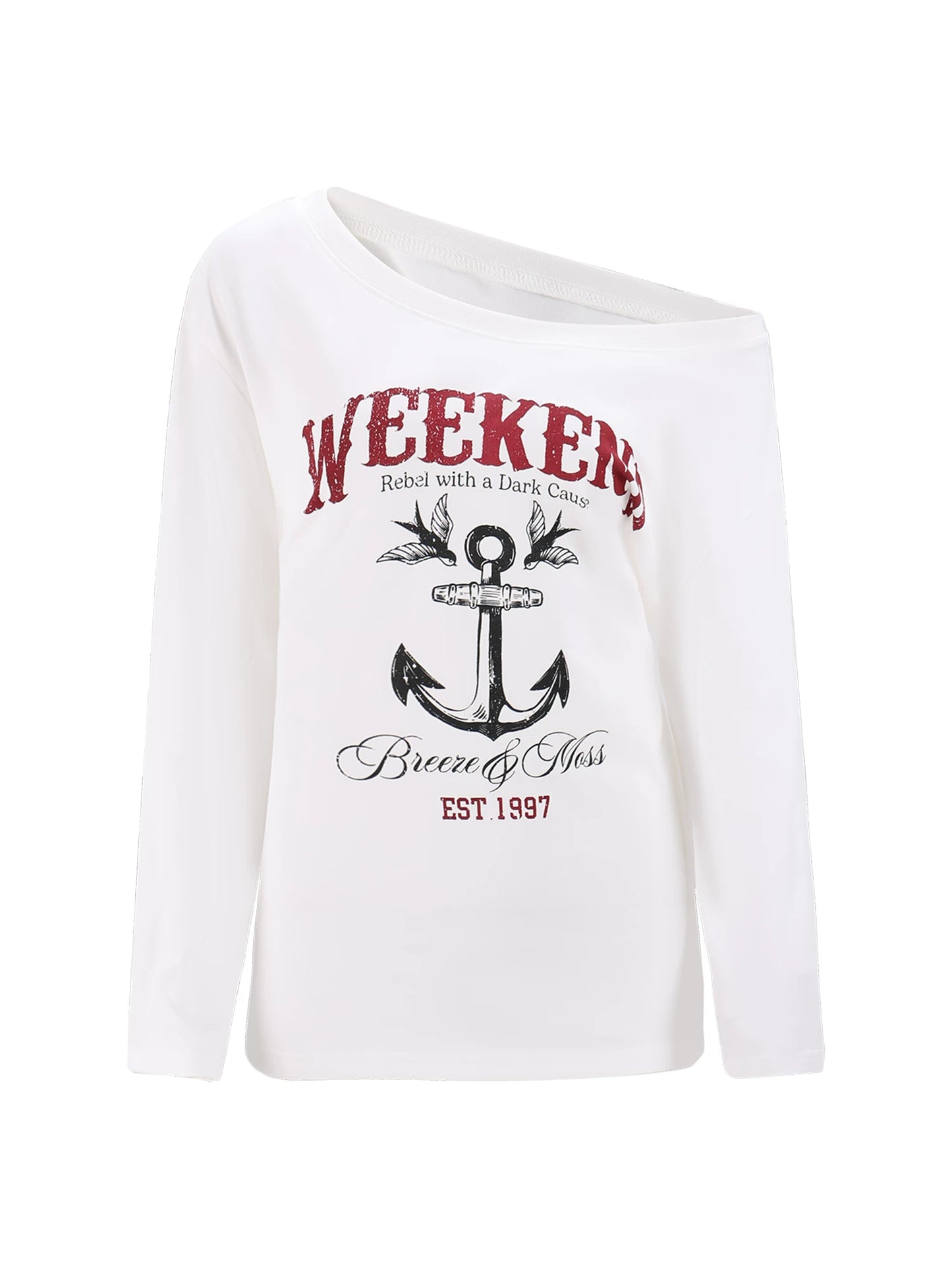 "Harbor Muse" White One-Shoulder Long Sleeve T-Shirt