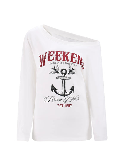 "Harbor Muse" White One-Shoulder Long Sleeve T-Shirt