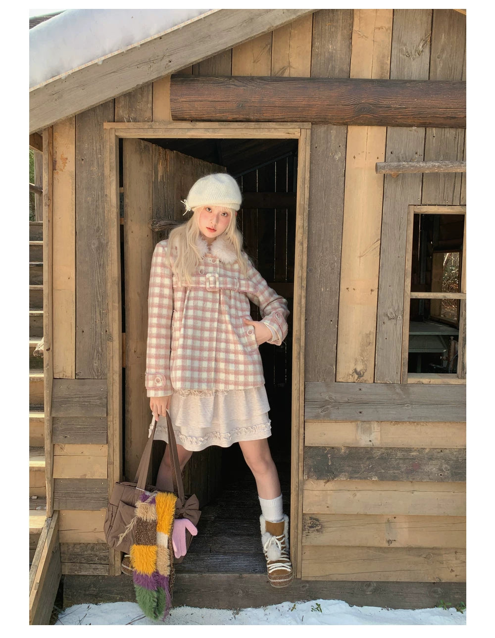 RF - Dusty Pink Plaid Wool-Look Coat with Detachable Fur Collar