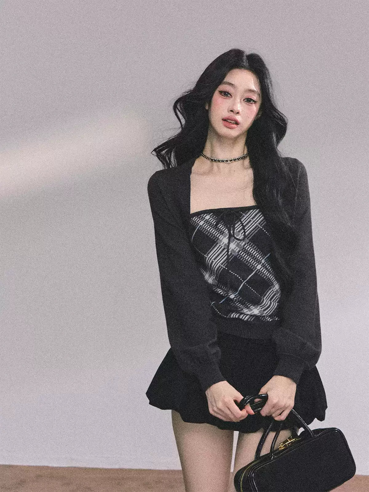 少也眼 Preppy American-Style Plaid Knit Set