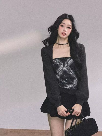 少也眼 Preppy American-Style Plaid Knit Set