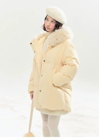 "Butter Soufflé" Vanilla Butter Hooded Mid-Length Down Coat with Faux Fox Fur Trim