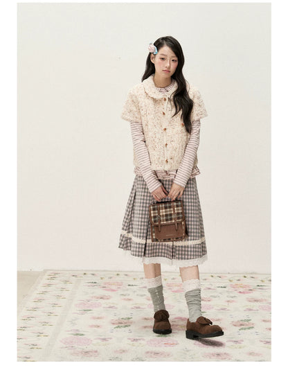 [RF] Cream Beige & Chestnut Speckle Plush Short-Sleeve Vest Jacket with Peter Pan Collar