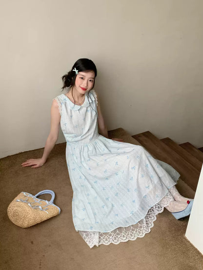 [RF] “Blue Ribbon Whisper” Blue Bow Print Lace-Trim Sleeveless Dress