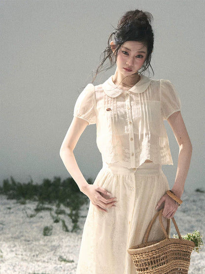 "Apricot Blossom After Rain" Dutch Cheese Lace Blouse & Maxi Skirt Set 532453