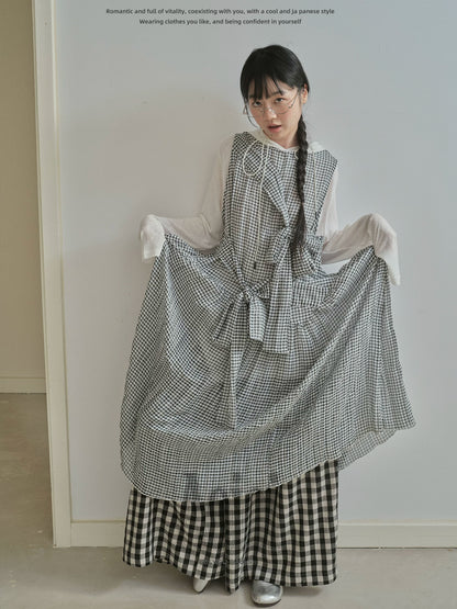 "Heritage Ribbon" Black & White Plaid Plaid Bow Maxi Dress