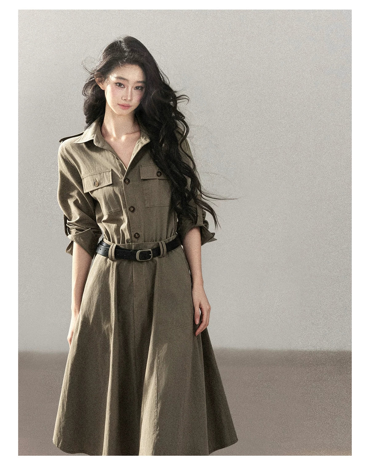 AOMALM - Sandstone Brown Utility Polo Shirt Dress with Belt