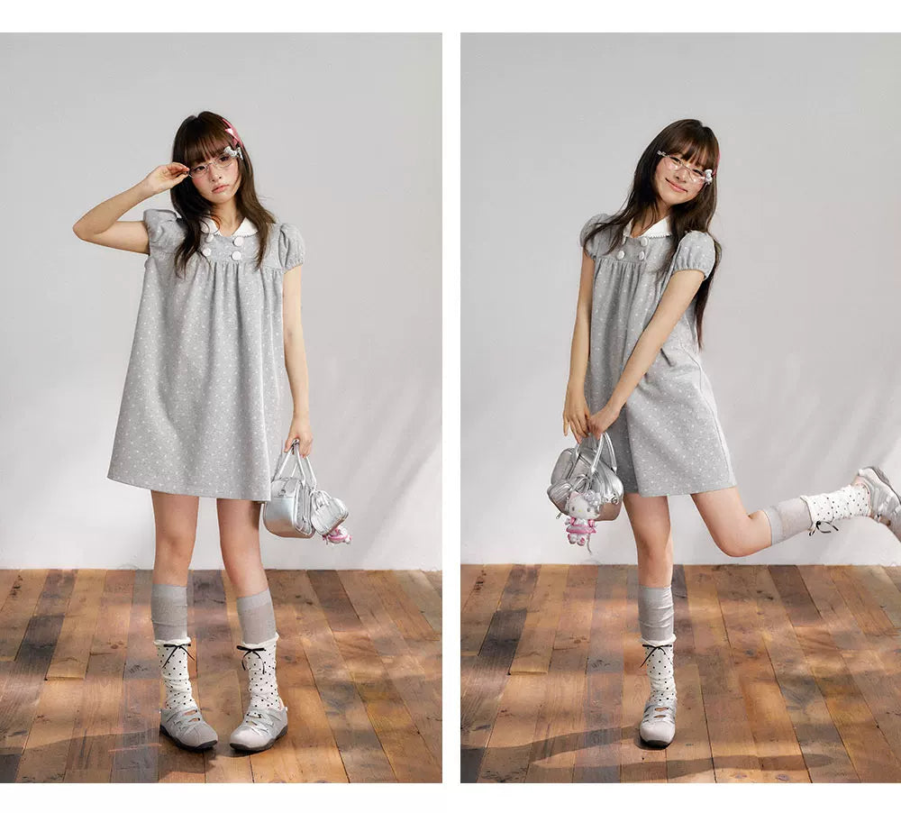 “Grey Sugar Cloud” Grey Polka Dot Doll Collar Dress