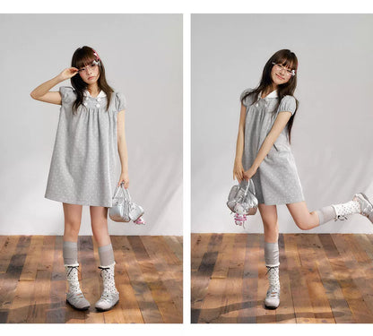 “Grey Sugar Cloud” Grey Polka Dot Doll Collar Dress