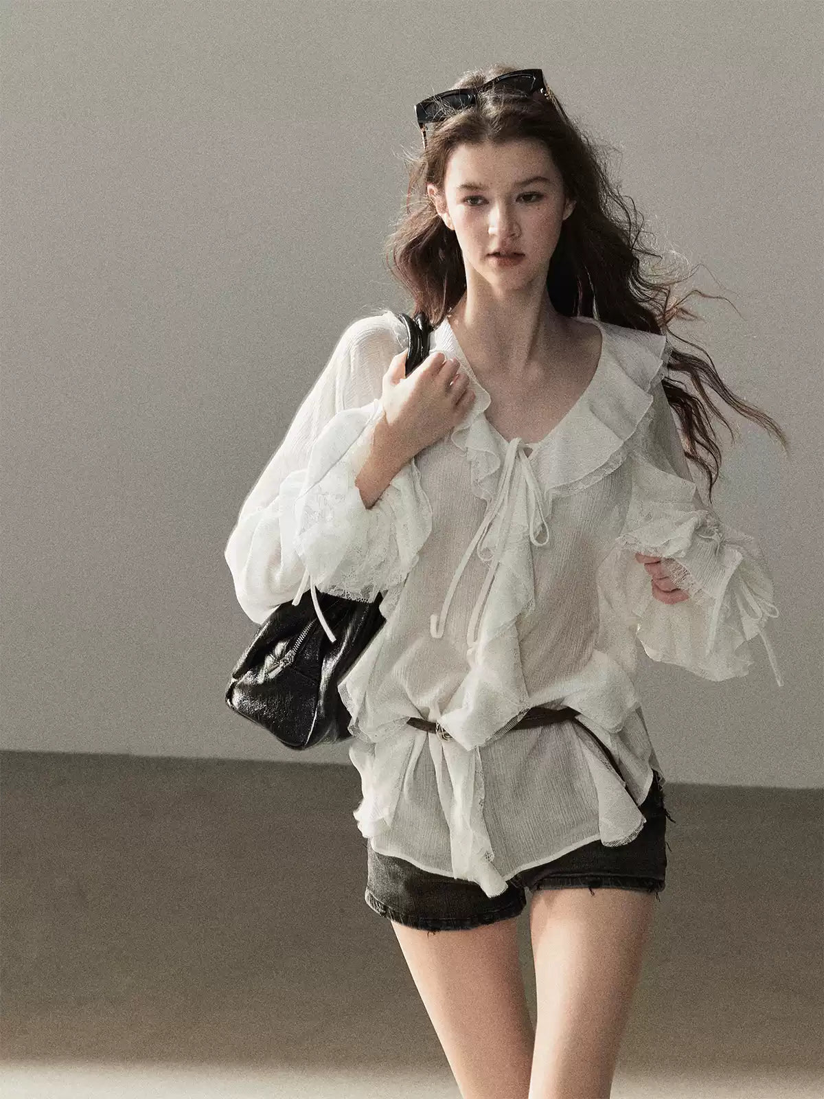 AOMALM - "A Featherlight Touch" French Camellia White Lace Chiffon Top with Belt (Camellia / Oatmeal / Cinnamon Pink)