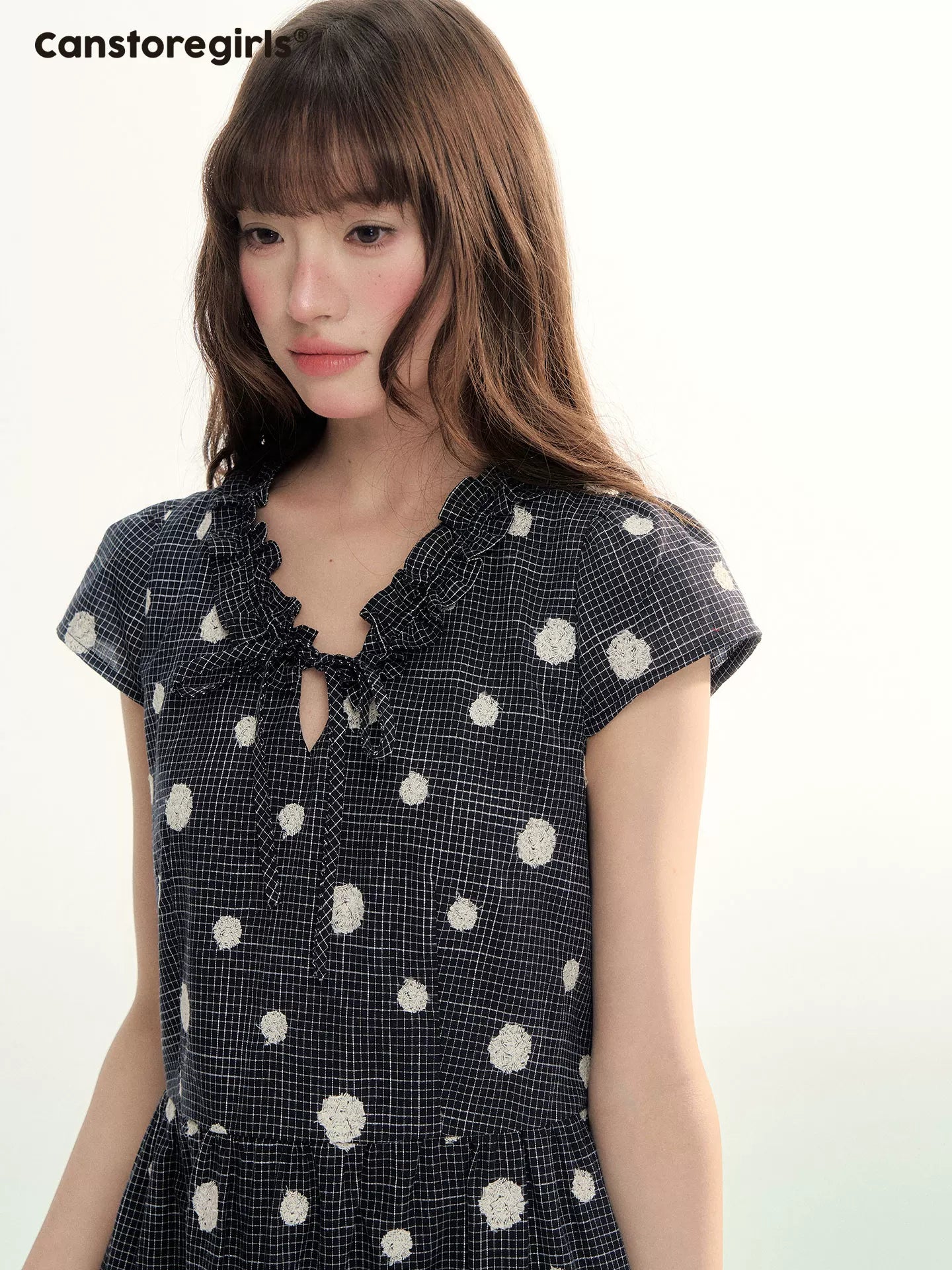Navy Polka Dot Plaid Tie-Waist A-Line Dress LL2026095