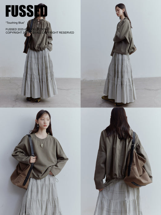 FUSSED Gray-Brown Green Reversible Patchwork Pullover Top FOF-25SS144a
