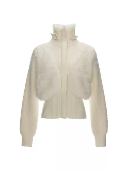 MAMC - White Wing-Detail Turtleneck Zip-Up Knit Sweater WE914