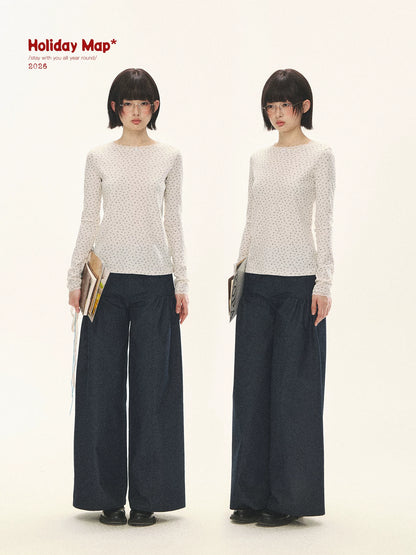 "Lazy Weekend" Deep Blue Ruched Wide Leg Jeans