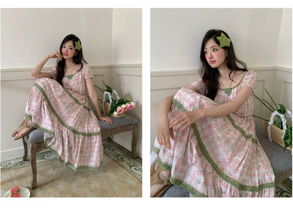 “Wildflower Green Grape” Pink Floral Tiered Dress
