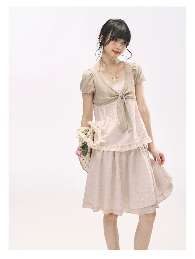 "Sweetheart Pages" Blush Pink Bow Puff Sleeve Top & A-Line Skirt Set