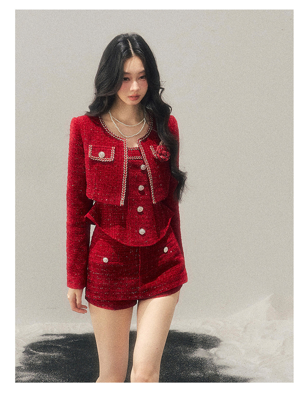 少也眼 "Before the Moon Falls" Bouclé Wool Tweed Three-Piece Mini Set - Cabernet Red