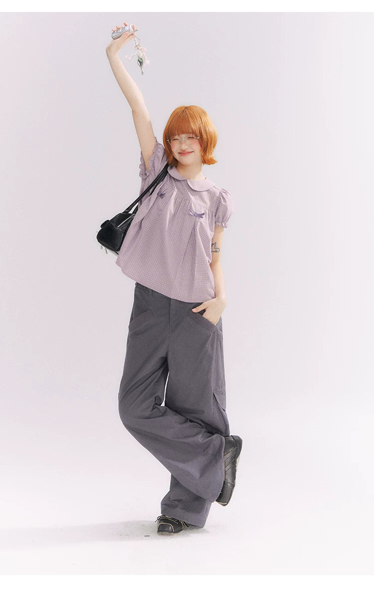 “Taro Milk Candy” Purple Plaid Bow Peter Pan Collar Puff Sleeve Blouse