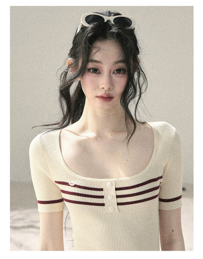 "First Date" Ivory Square Neck Knit Pleated Mini Dress