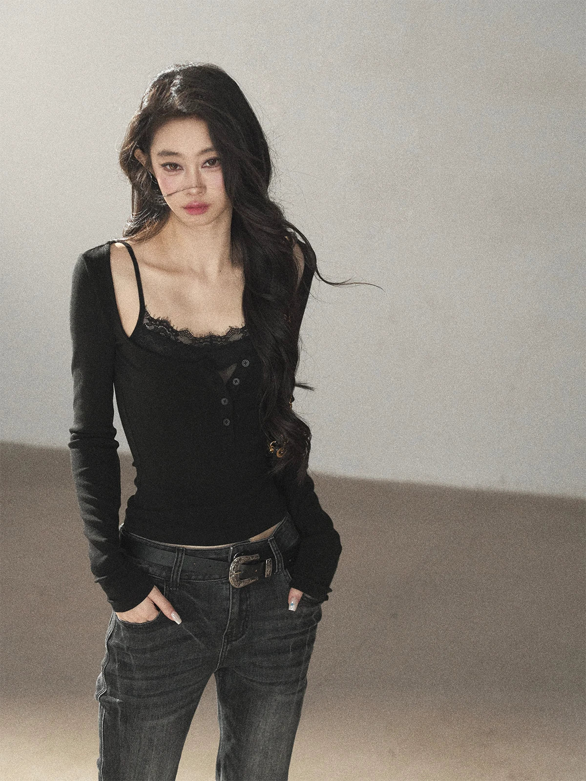 AOMALM - "Dappled Tree Shadows" Serene Black Korean Lace Camisole Long-Sleeve Top Set