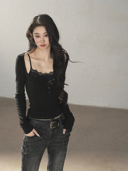 AOMALM - "Dappled Tree Shadows" Serene Black Korean Lace Camisole Long-Sleeve Top Set