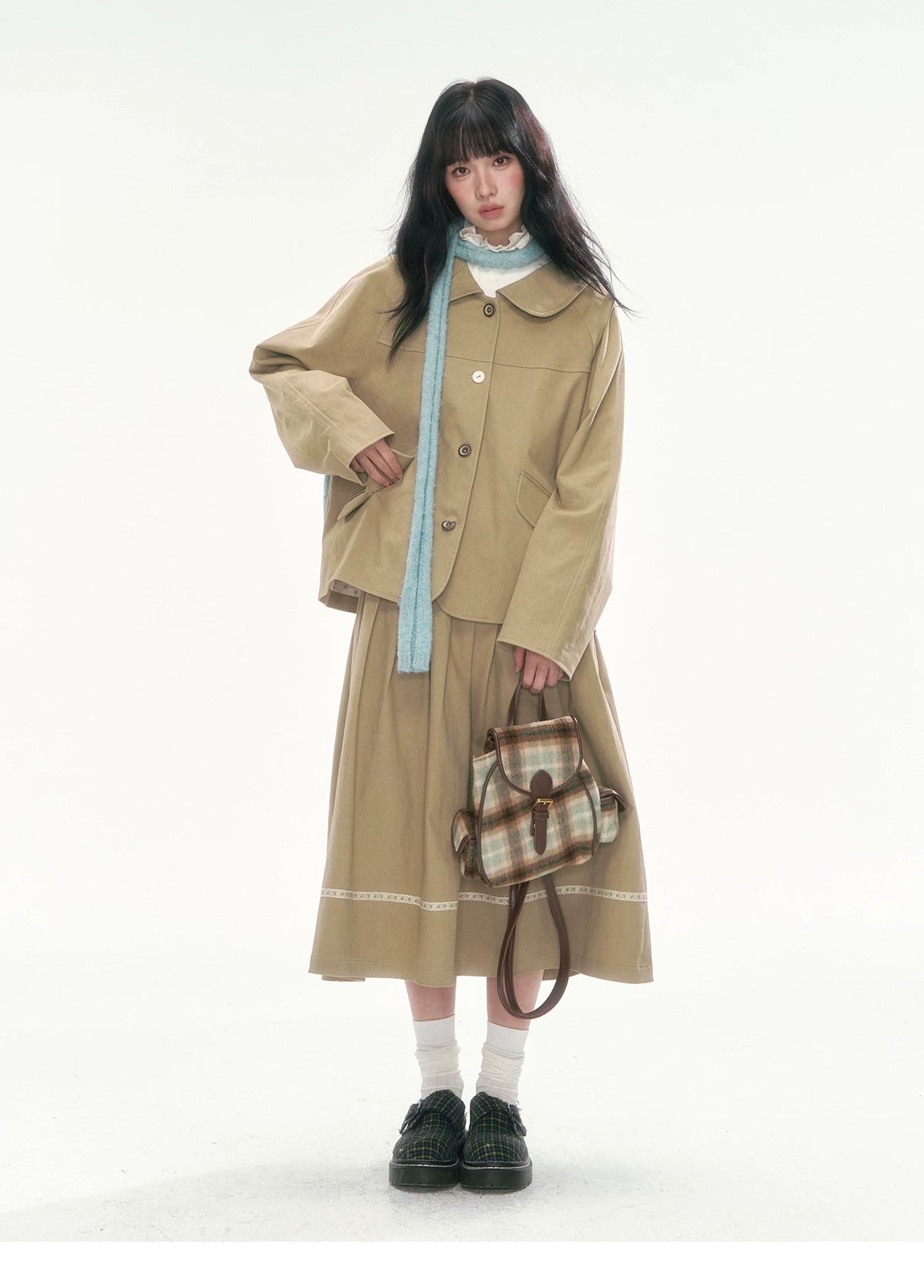 [CAN] Khaki Peter Pan Collar Jacket & Midi Skirt Set