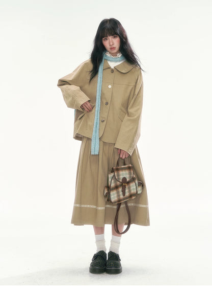 [CAN] Khaki Peter Pan Collar Jacket & Midi Skirt Set