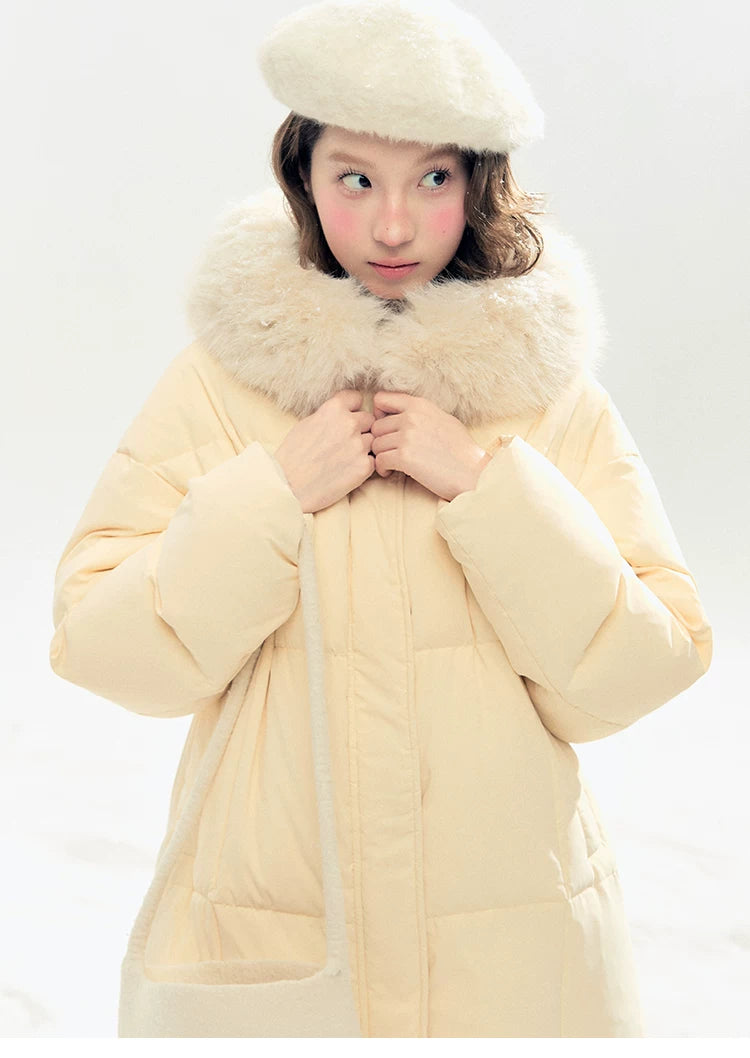 "Butter Soufflé" Vanilla Butter Hooded Mid-Length Down Coat with Faux Fox Fur Trim