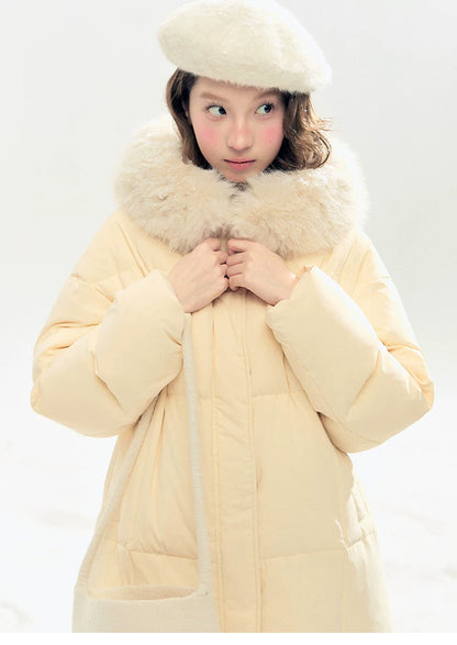 "Butter Soufflé" Vanilla Butter Hooded Mid-Length Down Coat with Faux Fox Fur Trim