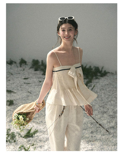 “Breeze Over Pleats” Cream Ribbon Camisole Top